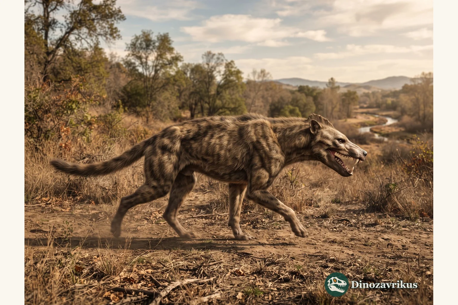 Hyaenodon walking across an open Oligocene landscape