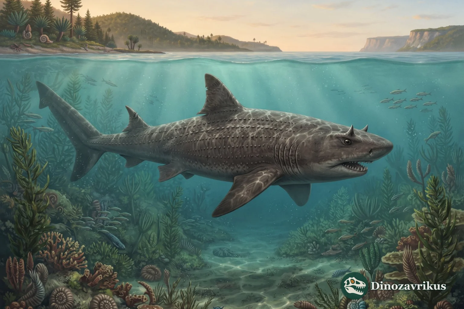 Reconstruction of Hybodus swimming through a shallow Early Jurassic sea