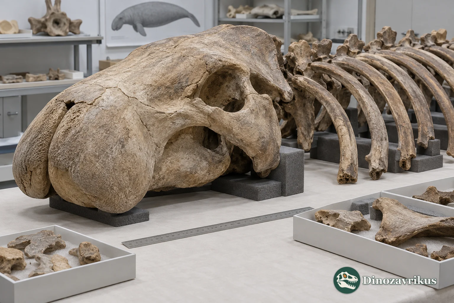 Illustrative sea cow skull and skeletal elements on a study table