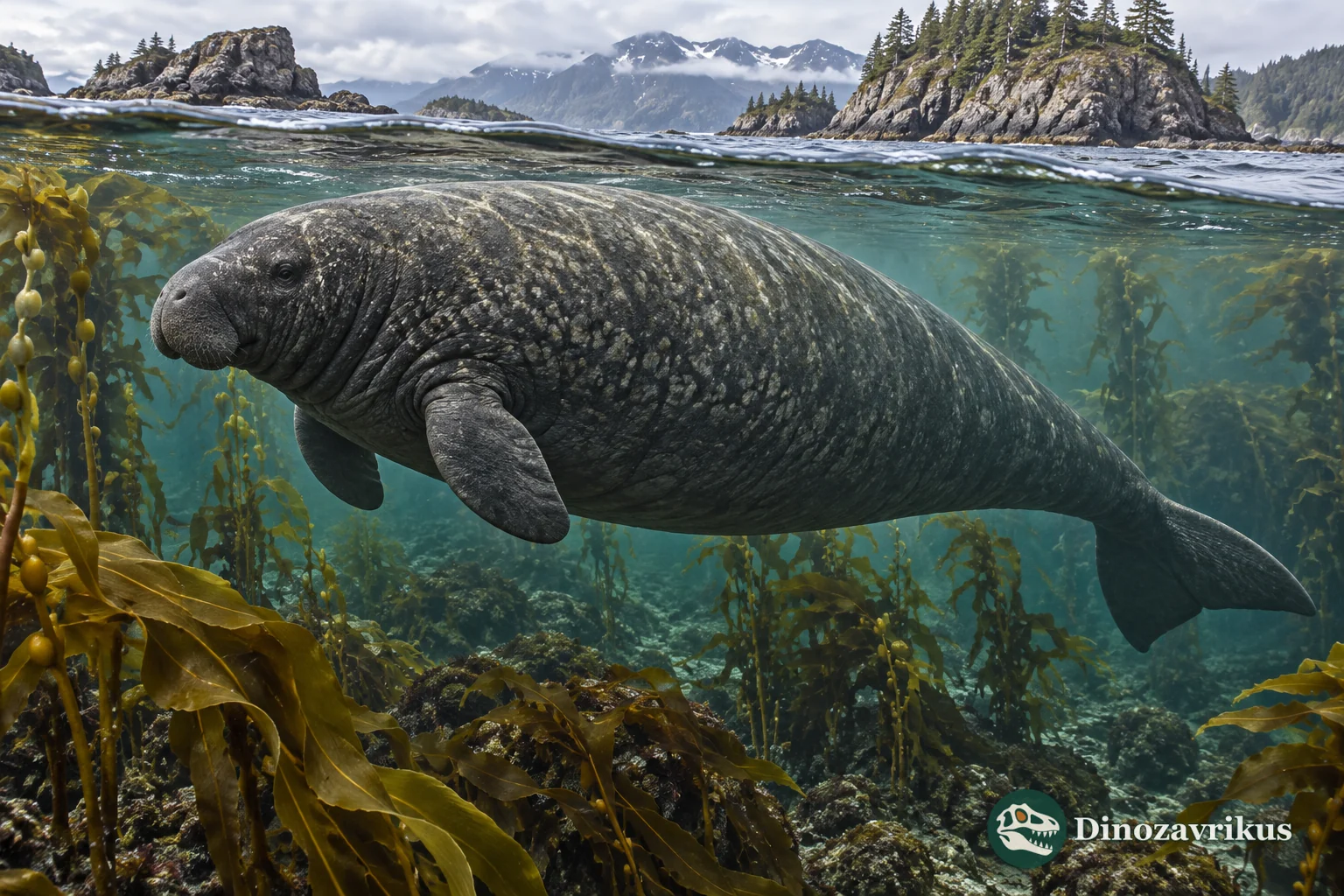 Artistic reconstruction of a Steller's sea cow in a cold North Pacific kelp bed