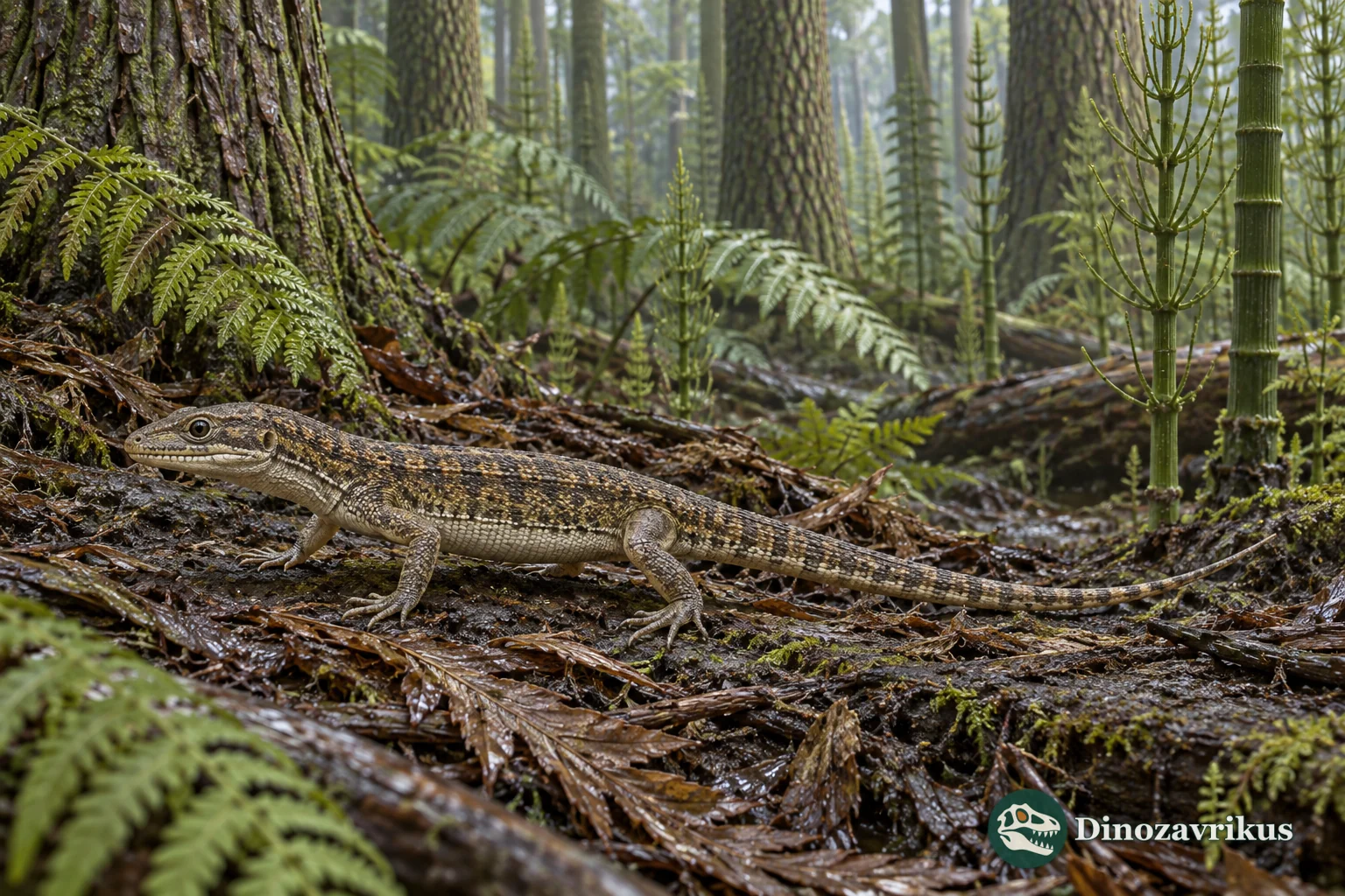 Hylonomus moving through a humid Carboniferous forest at Joggins