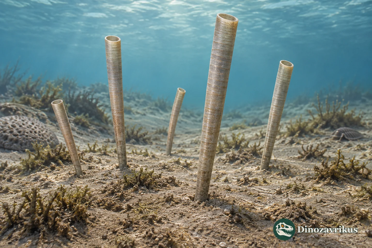Several ringed Hyolithellus tubes standing partly embedded in Cambrian marine sediment, without a reconstructed soft body