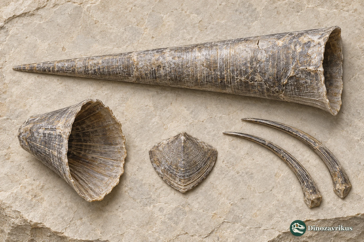 Illustrative fossil plate showing hyolith shells and separate opercula