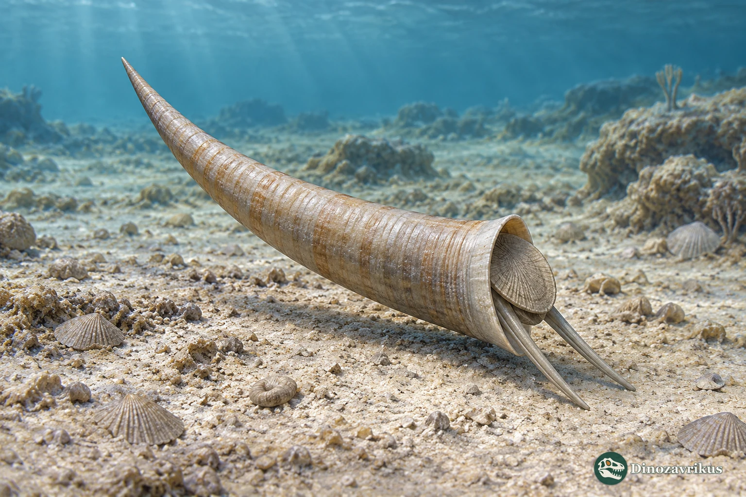 Scientific reconstruction of a hyolith with a conical shell, operculum and paired helens on the seafloor