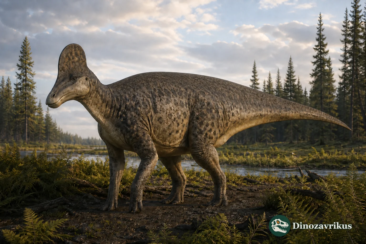 Hypacrosaurus altispinus reconstructed in an Alberta floodplain