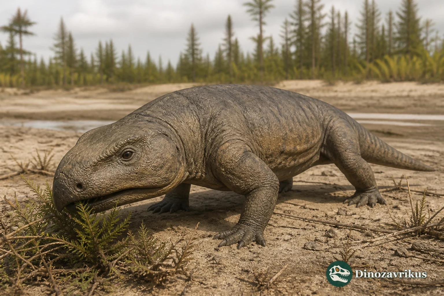 Hyperodapedon gordoni processing vegetation on a Late Triassic floodplain