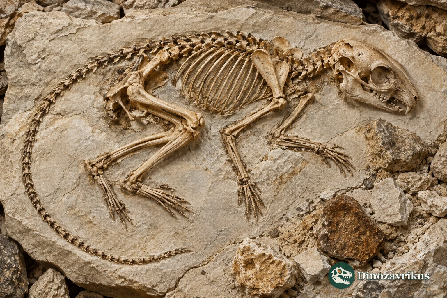 Conceptual articulated Balearic dormouse skeleton
