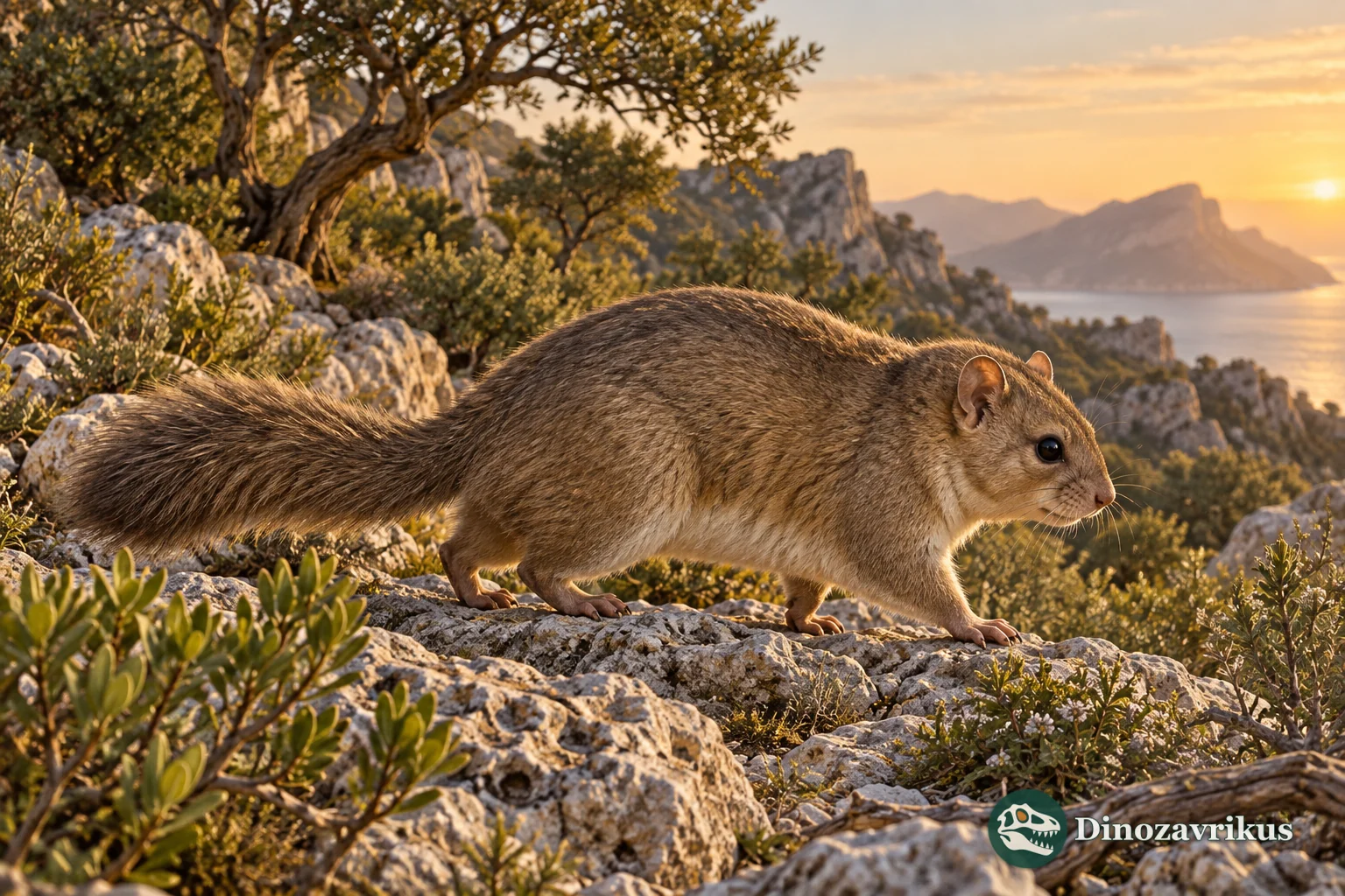 Artistic reconstruction of an extinct Balearic dormouse among Mallorcan rocks