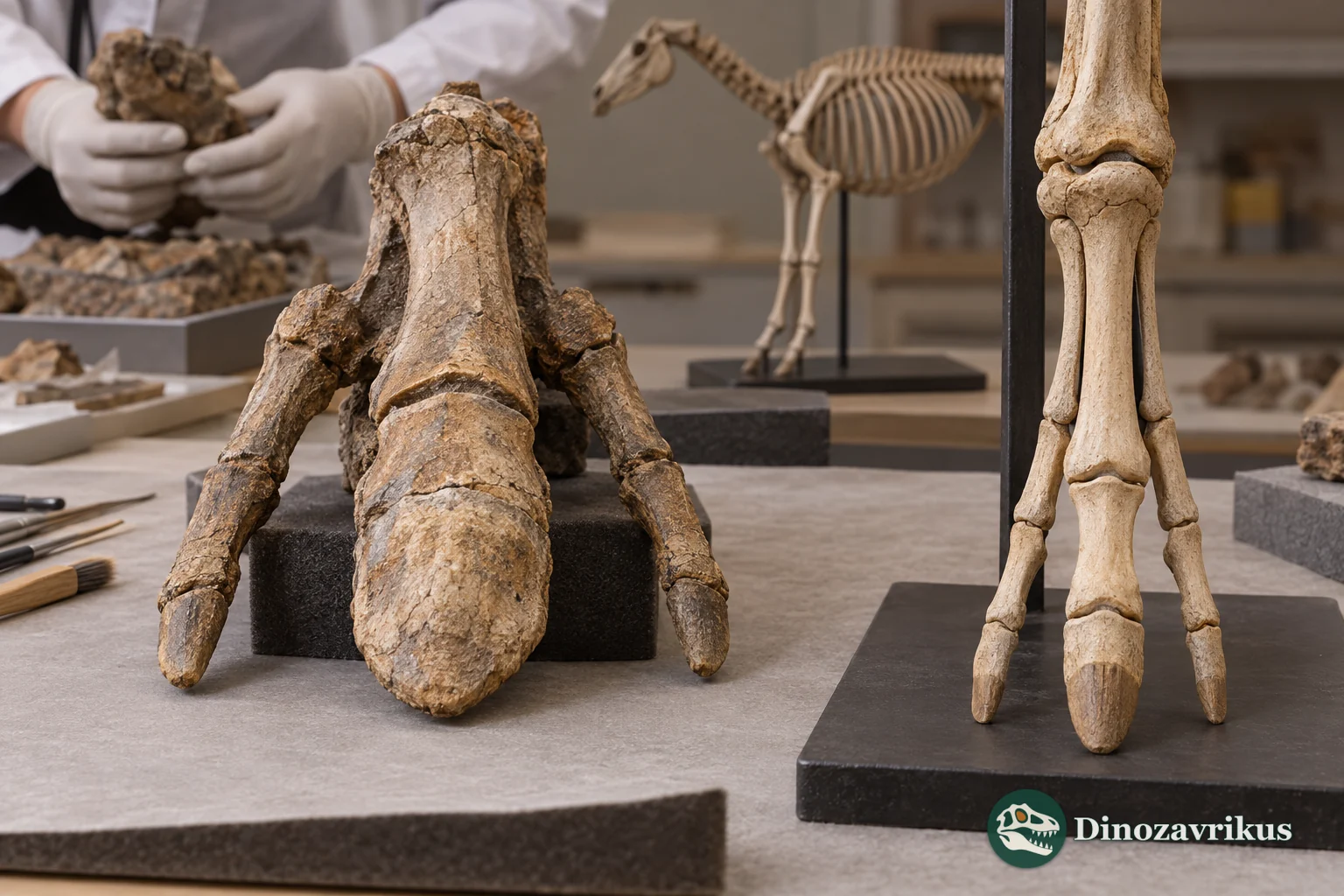 Conceptual study of a fossil three-toed equid forefoot at a museum workbench