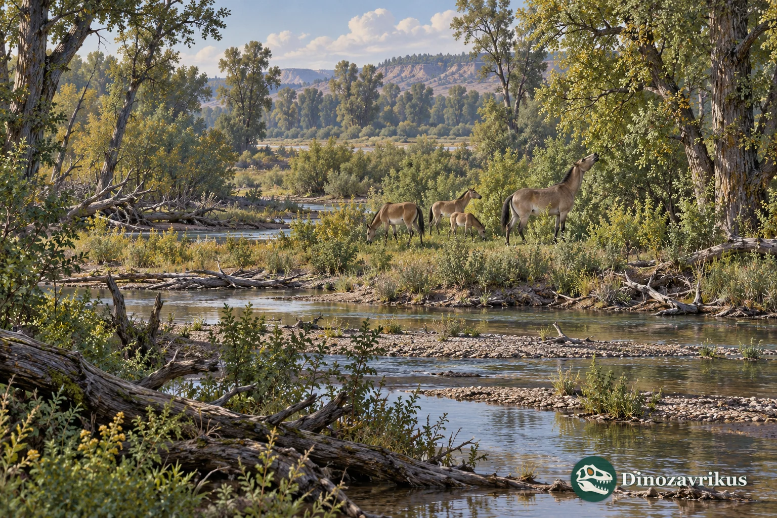 Artistic Miocene wooded floodplain with three-toed browsing equids