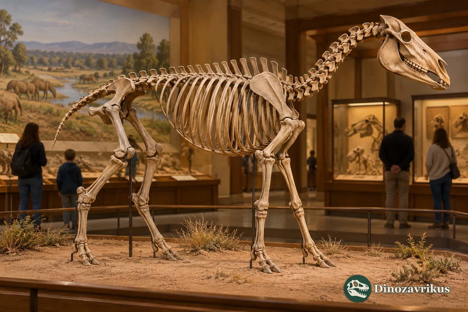 Imagined gallery display of a three-toed Miocene horse skeleton