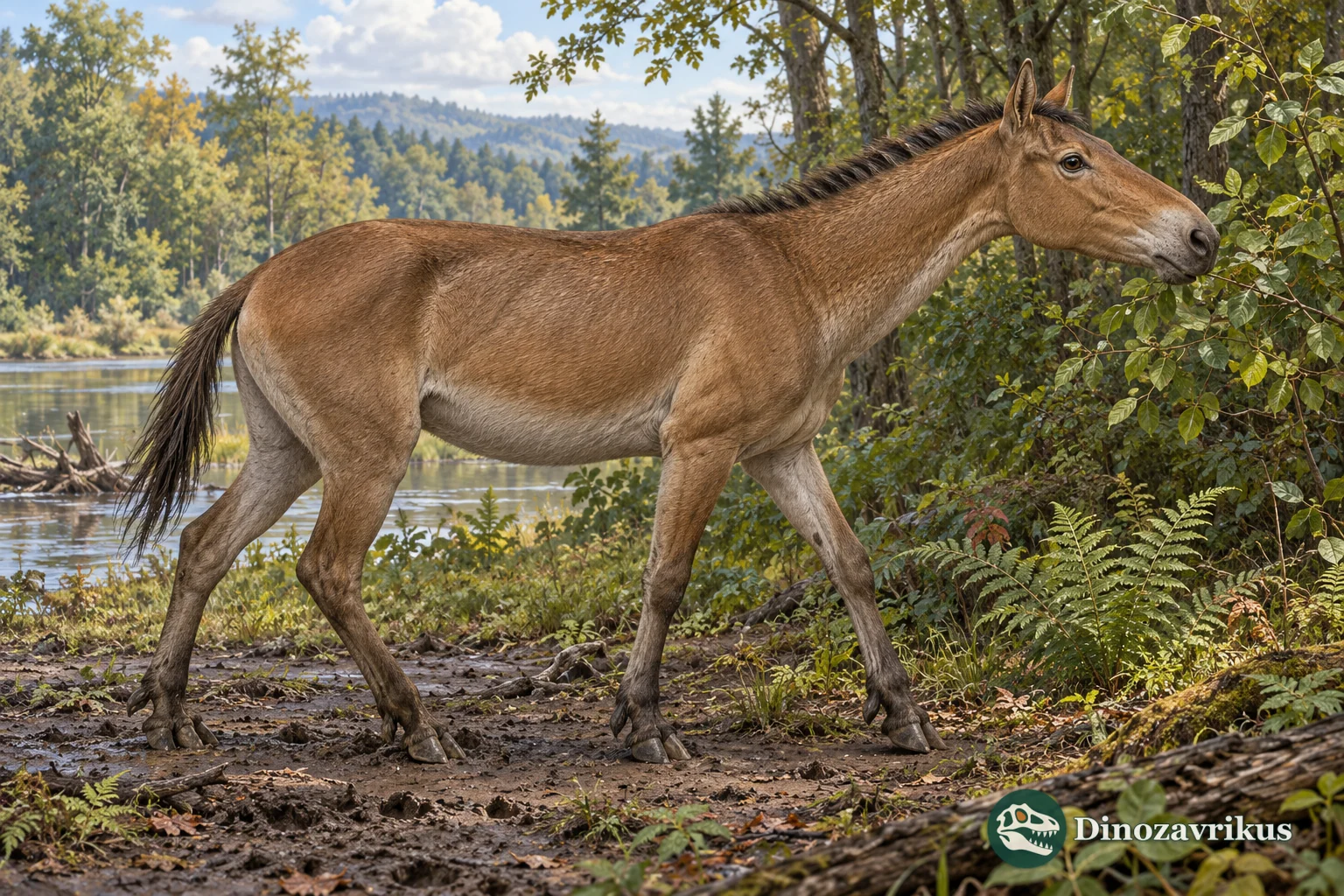 Artistic reconstruction of a three-toed Hypohippus-type horse at a Miocene woodland edge