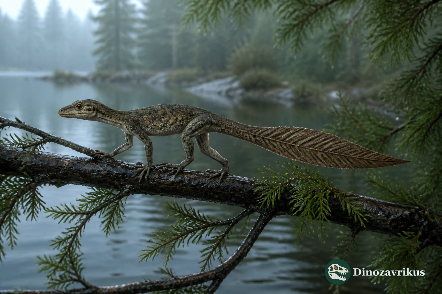 Hypuronector moving along a branch above a Late Triassic lake