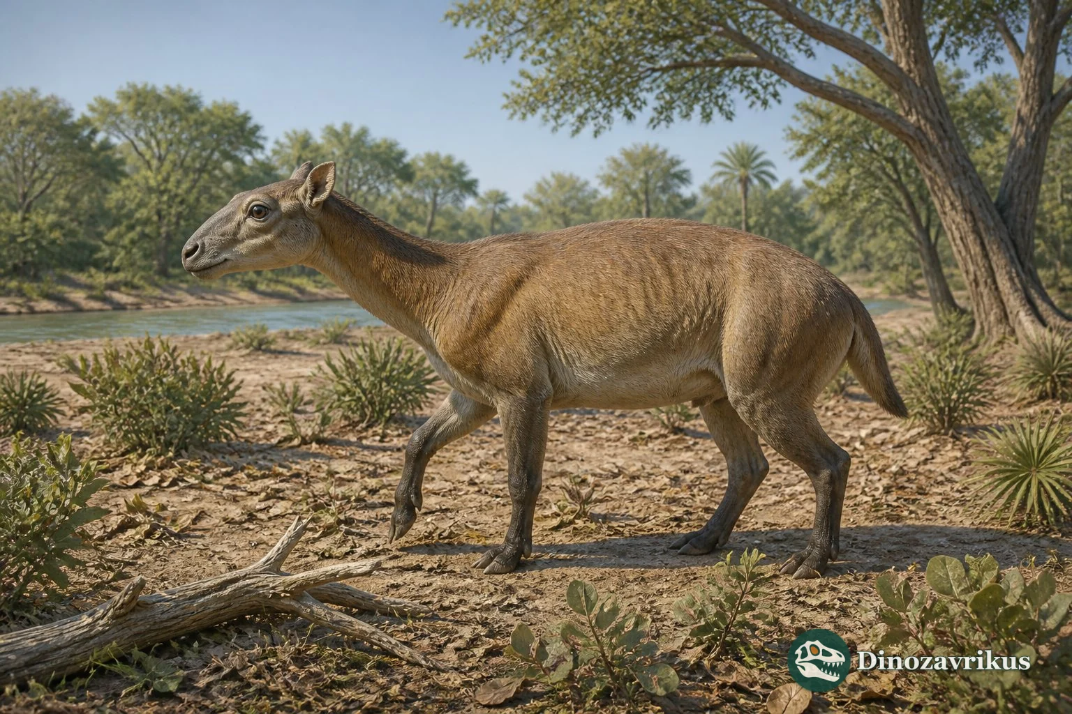 Hyracodon reconstructed beside a river in an Oligocene landscape