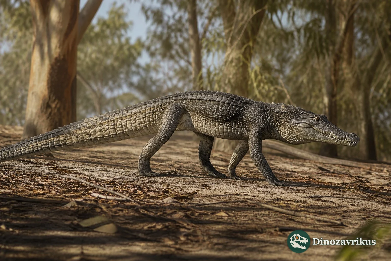 Iberosuchus reconstructed walking through a middle Eocene woodland