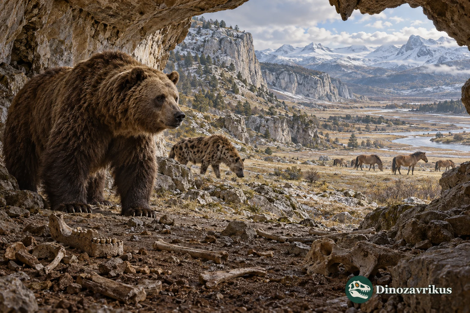 A cave bear near a limestone cave with Ice Age herbivores in a valley