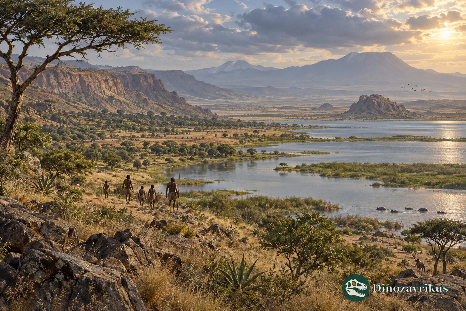 Illustrative early human walking through a changing African landscape