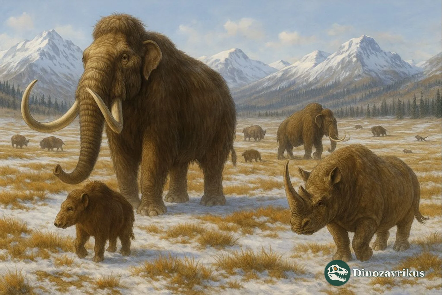 Woolly mammoths and a woolly rhinoceros in a reconstructed Ice Age steppe