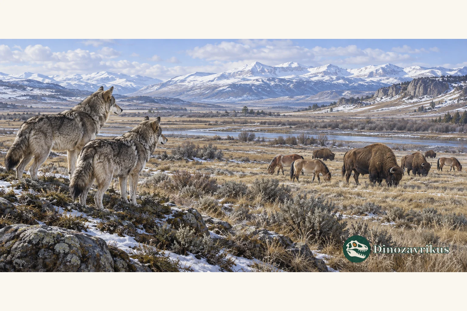 Illustrative Ice Age wolves observing bison and horses across a cold grassland