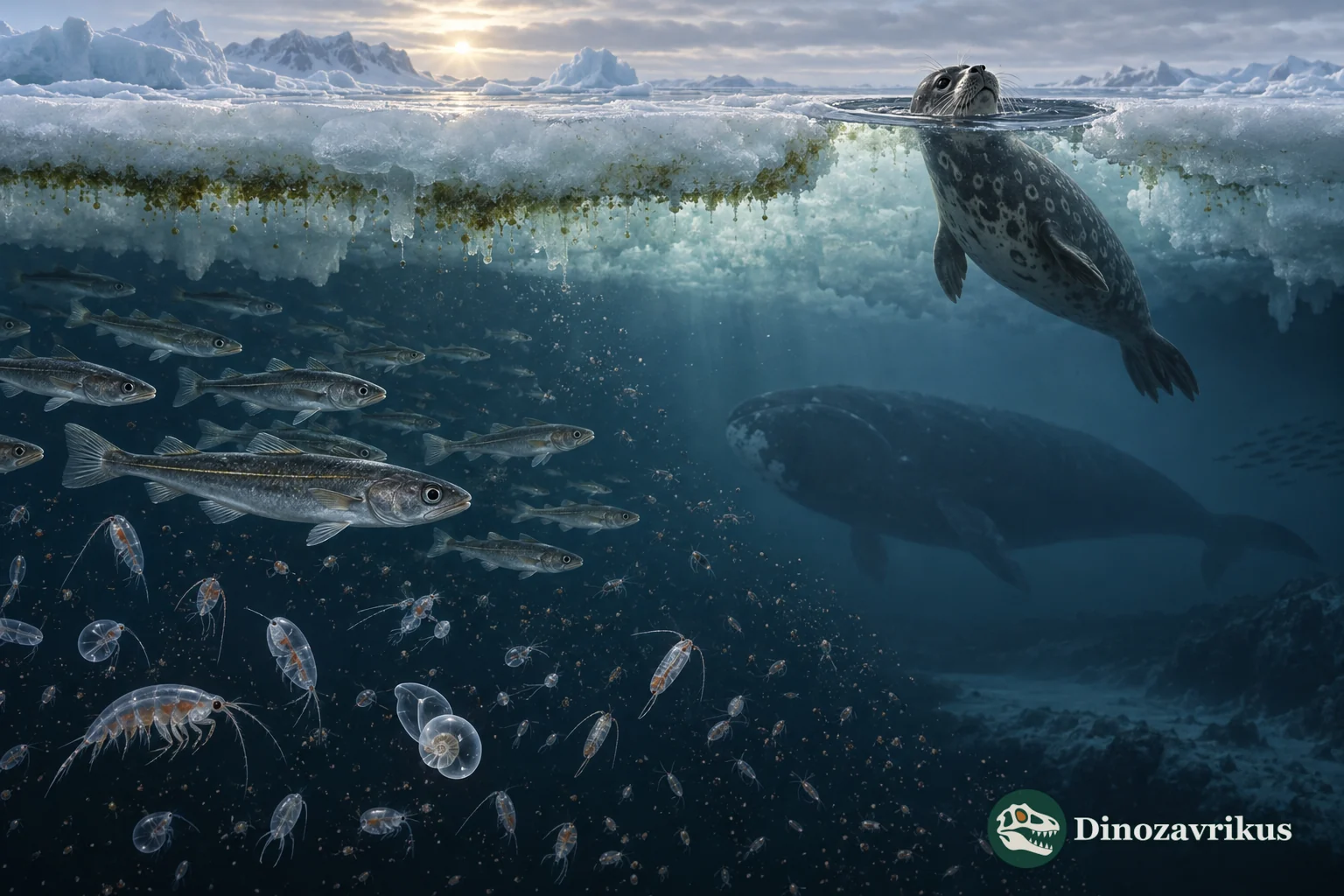 Arctic cod, a ringed seal and a distant whale beneath seasonal sea ice with algae growing along the ice underside