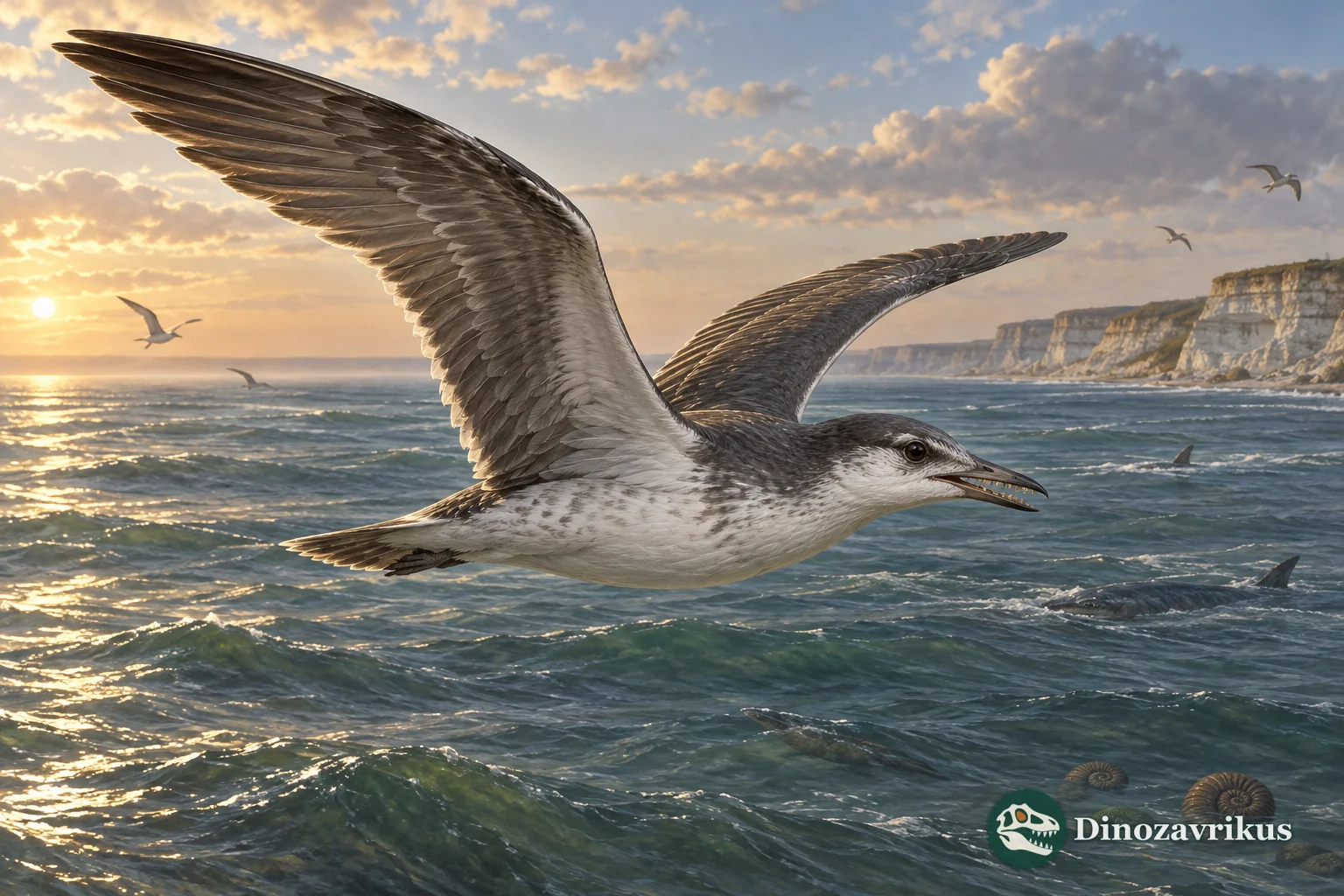Ichthyornis flying over the Late Cretaceous Western Interior Seaway
