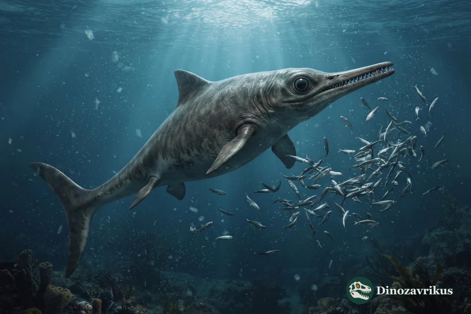 Reconstruction of Ichthyosaurus pursuing fish in an Early Jurassic sea