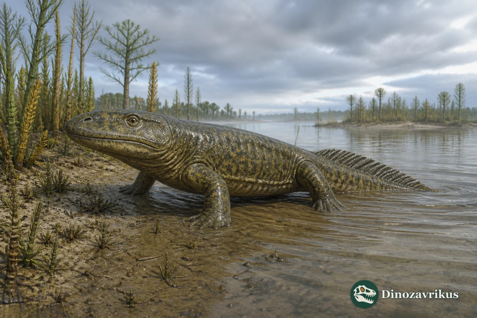 Ichthyostega reconstructed at the edge of a Late Devonian channel