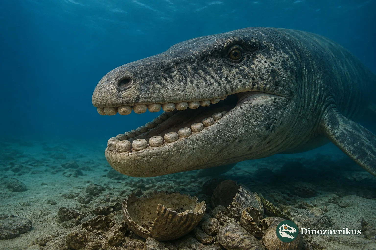 Igdamanosaurus aegyptiacus feeding on a shelled animal in a Cretaceous sea