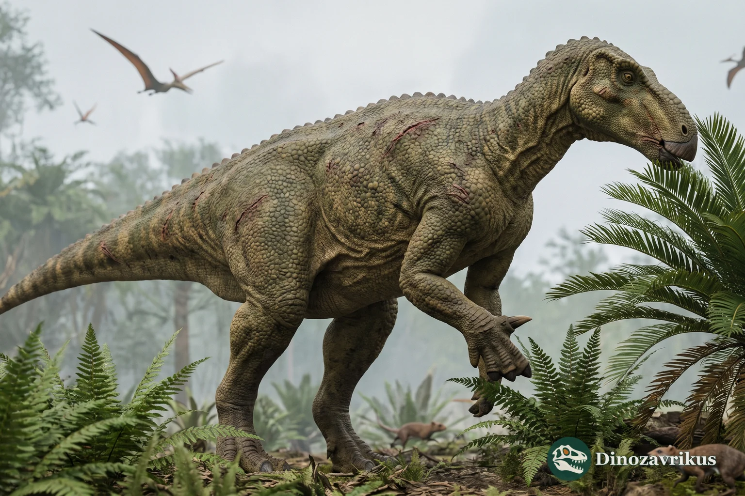 Reconstruction of Iguanodon moving through an Early Cretaceous woodland