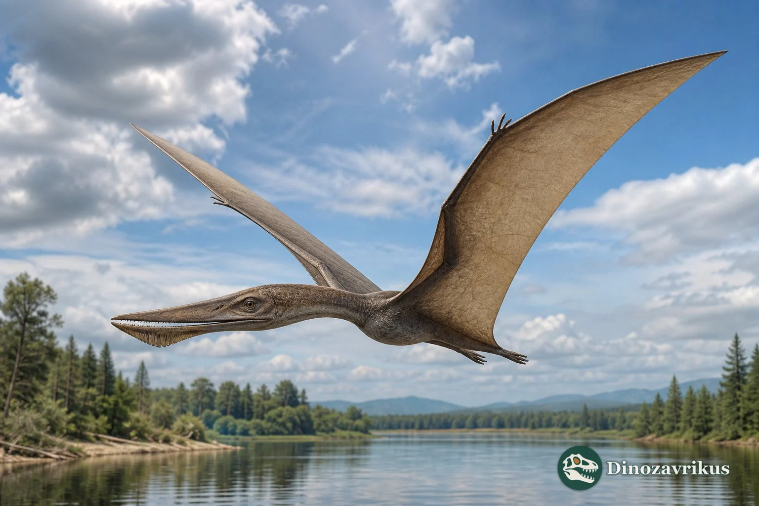 Ikrandraco flying over a freshwater lake in Early Cretaceous Liaoning