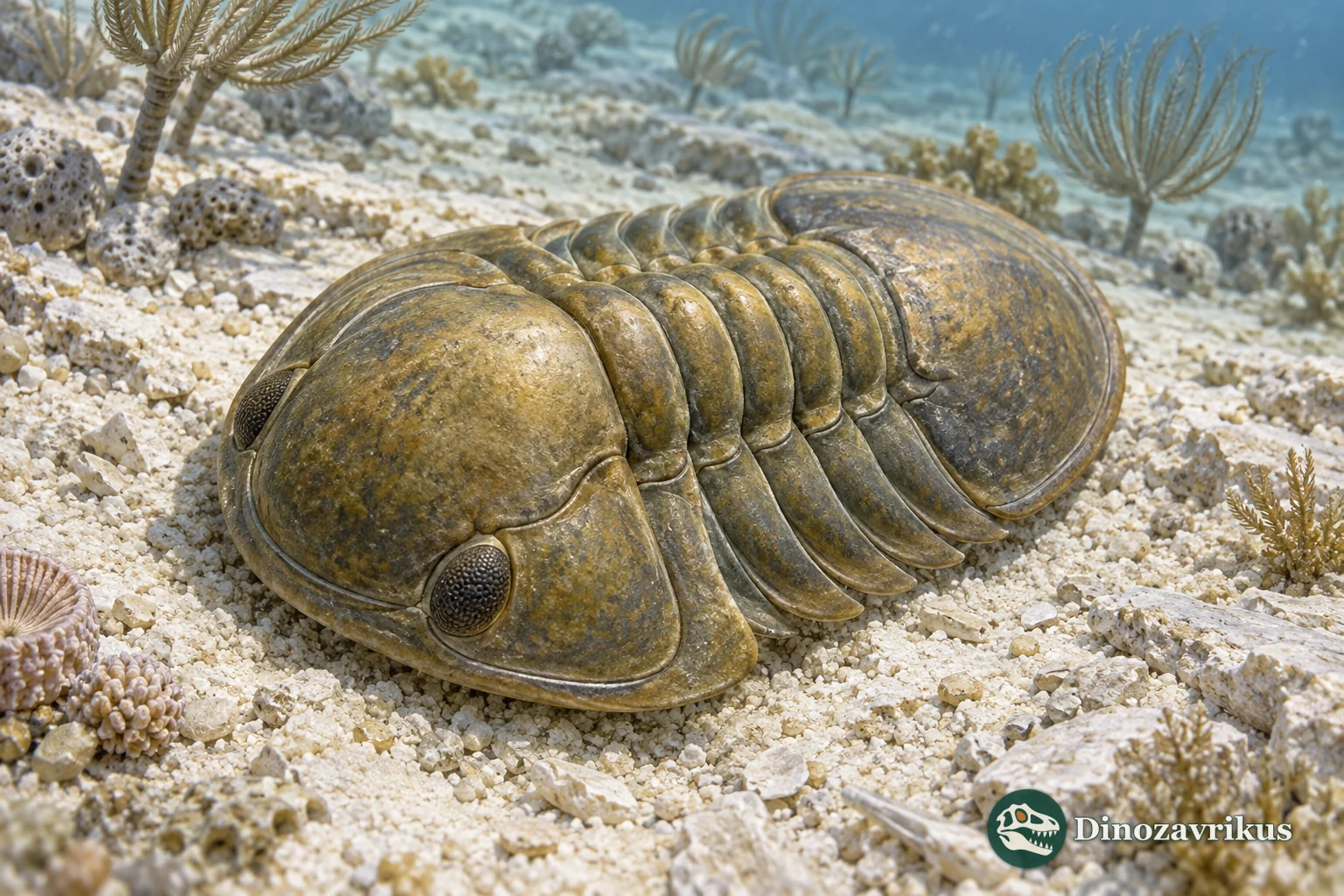 Illustrated Illaenus trilobite on an Ordovician carbonate seafloor