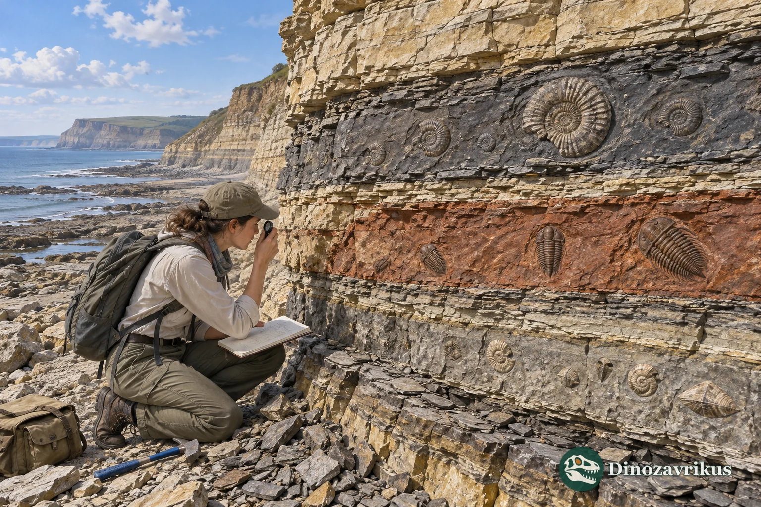 Geologist comparing fossil-bearing sedimentary layers in a coastal rock exposure