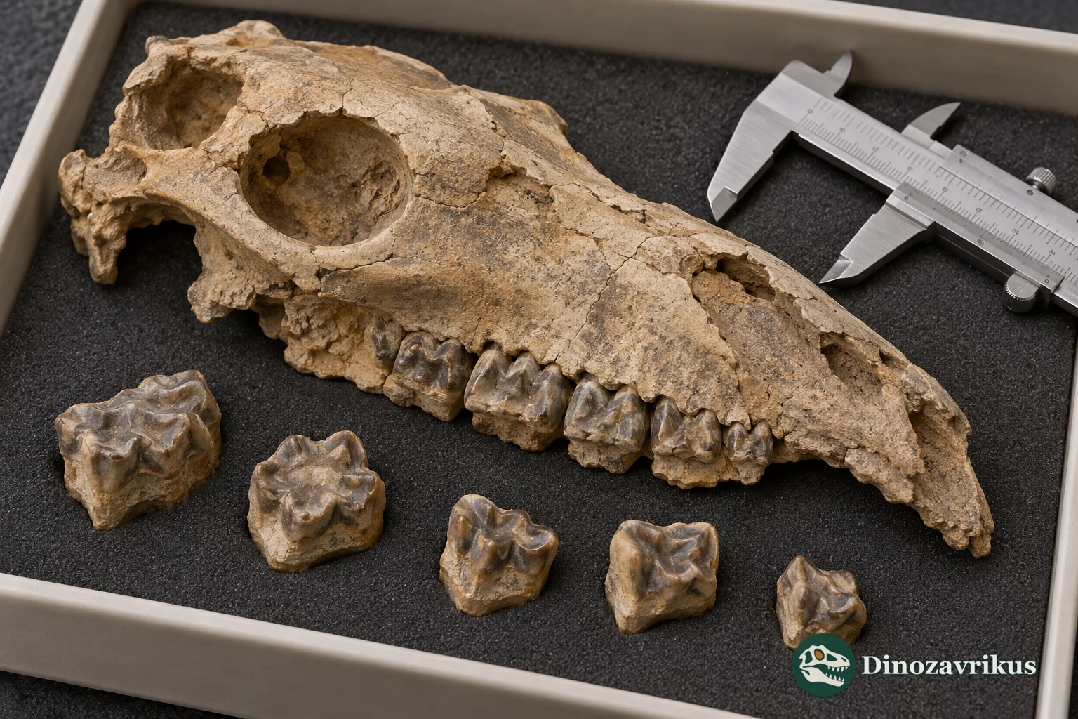 Conceptual museum scene with a small notoungulate skull and jaws