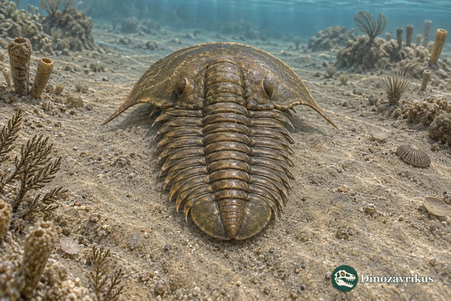Late Cambrian Irvingella trilobite seen from above with a broad head shield, long genal spines and articulated thorax
