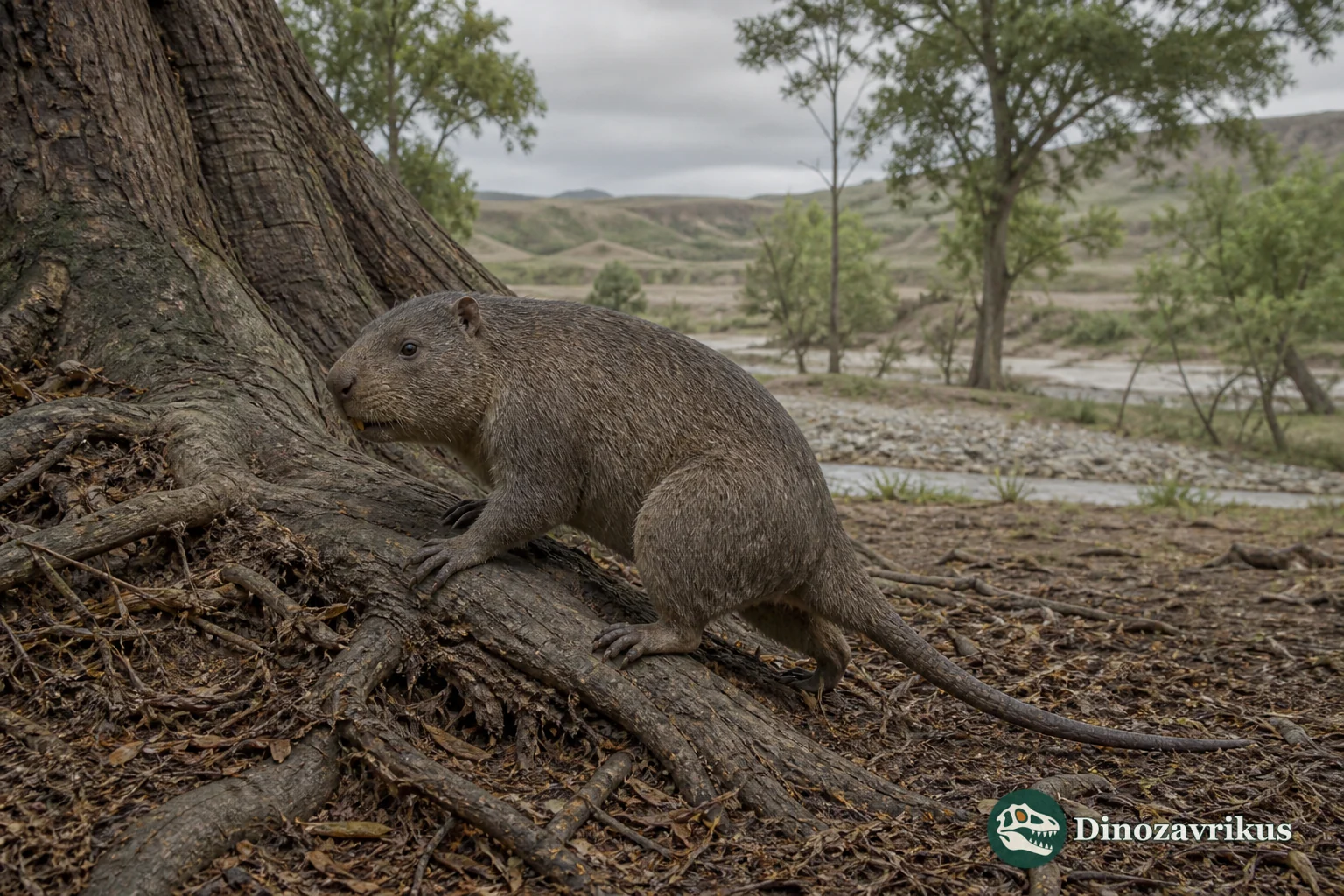 Ischyromys reconstructed beside a fallen tree in an Oligocene landscape