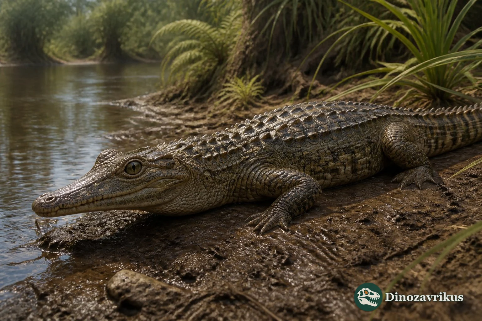Isisfordia reconstructed beside a Cretaceous river channel in Queensland