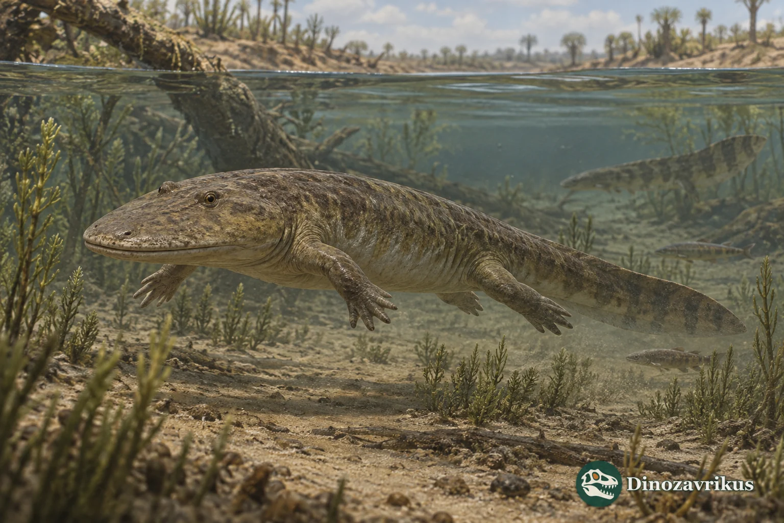 Isodectes obtusus swimming above the bed of a shallow Early Permian Texas stream