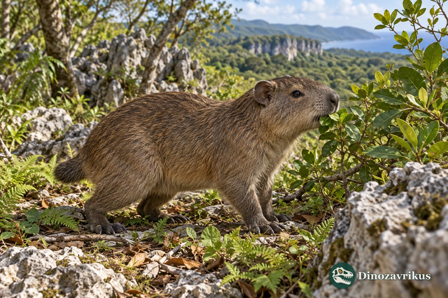 Artistic reconstruction of an Isolobodon hutia among Caribbean vegetation