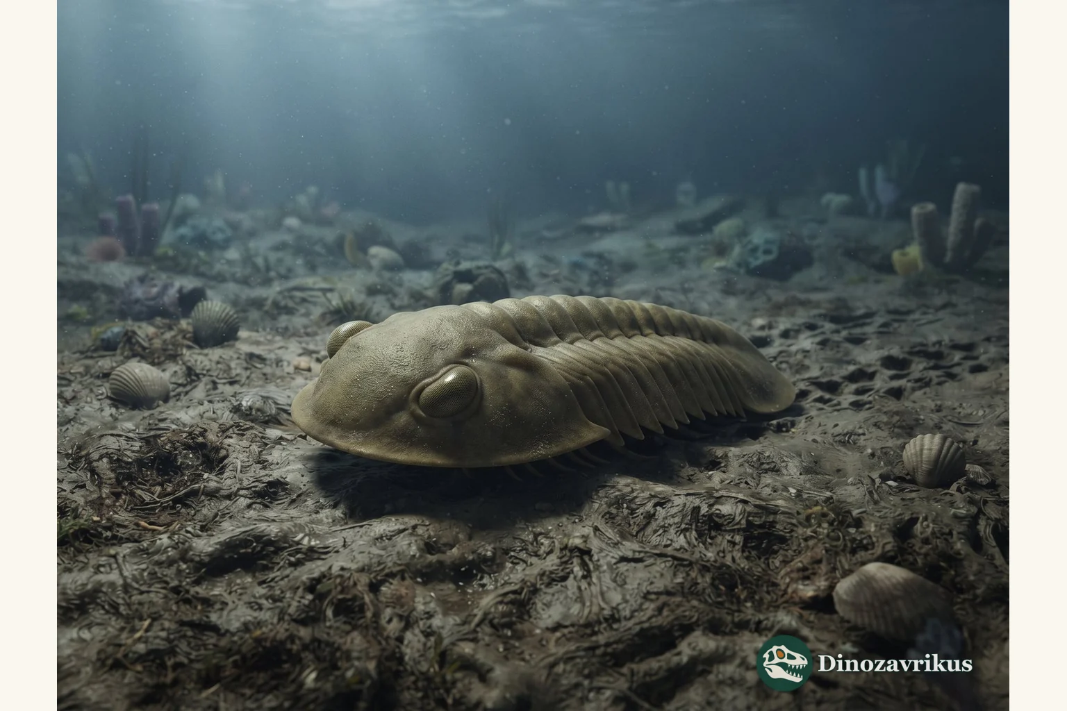 Reconstruction of Isotelus on an Ordovician seafloor, showing its broad head, segmented thorax and rounded tail shield