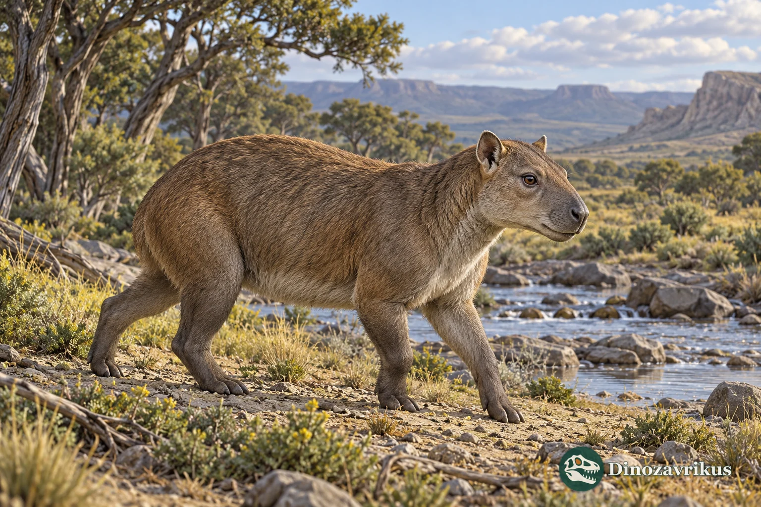 Artistic reconstruction of a small Eocene notoungulate beside a Patagonian river