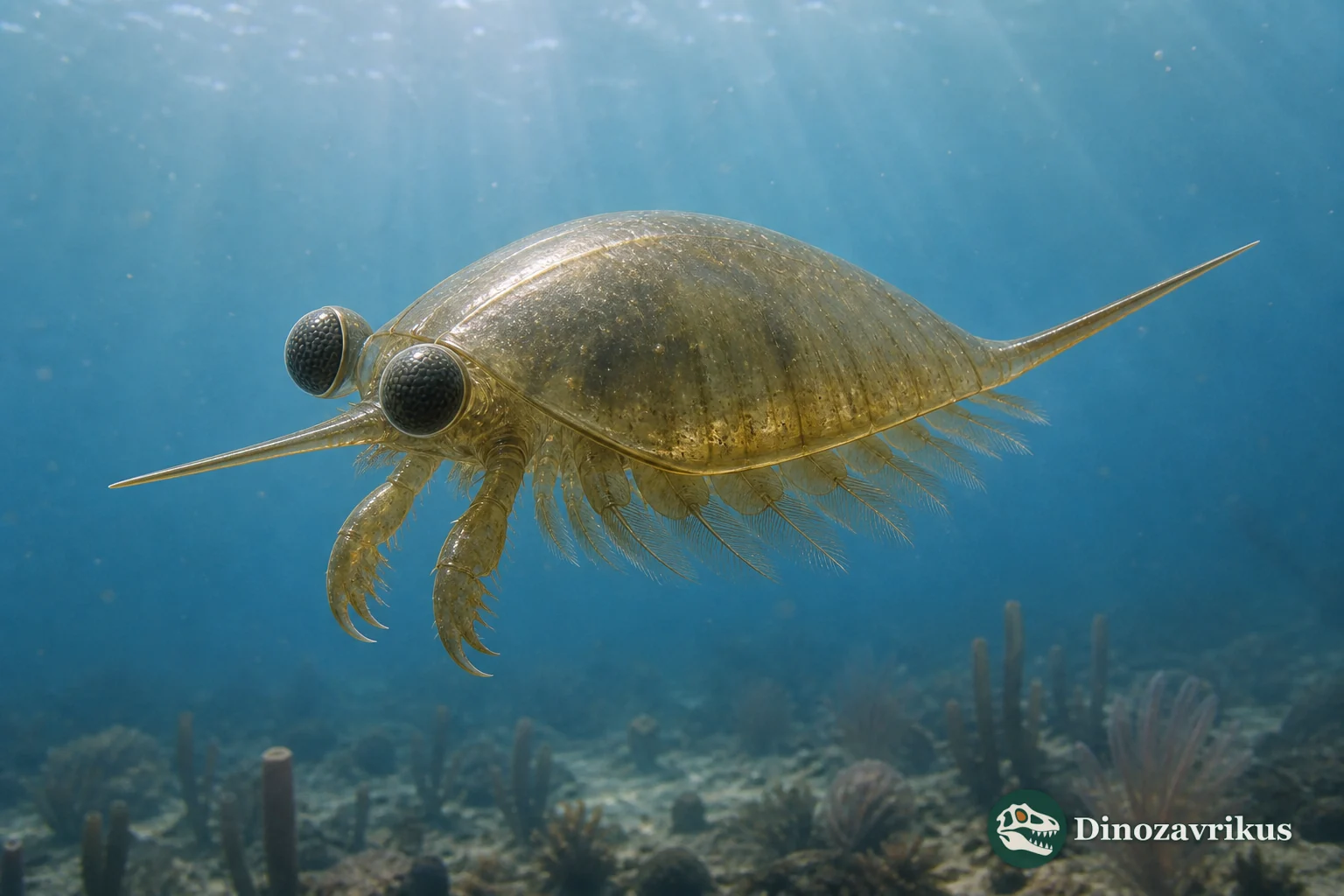Isoxys swimming through Cambrian water with its paired carapace valves and large eyes visible