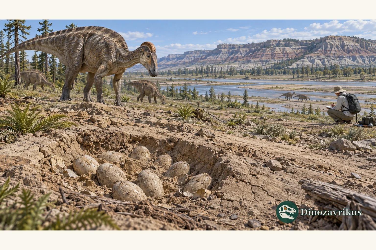 Maiasaura nesting ground with fossil eggs and a researcher documenting the site