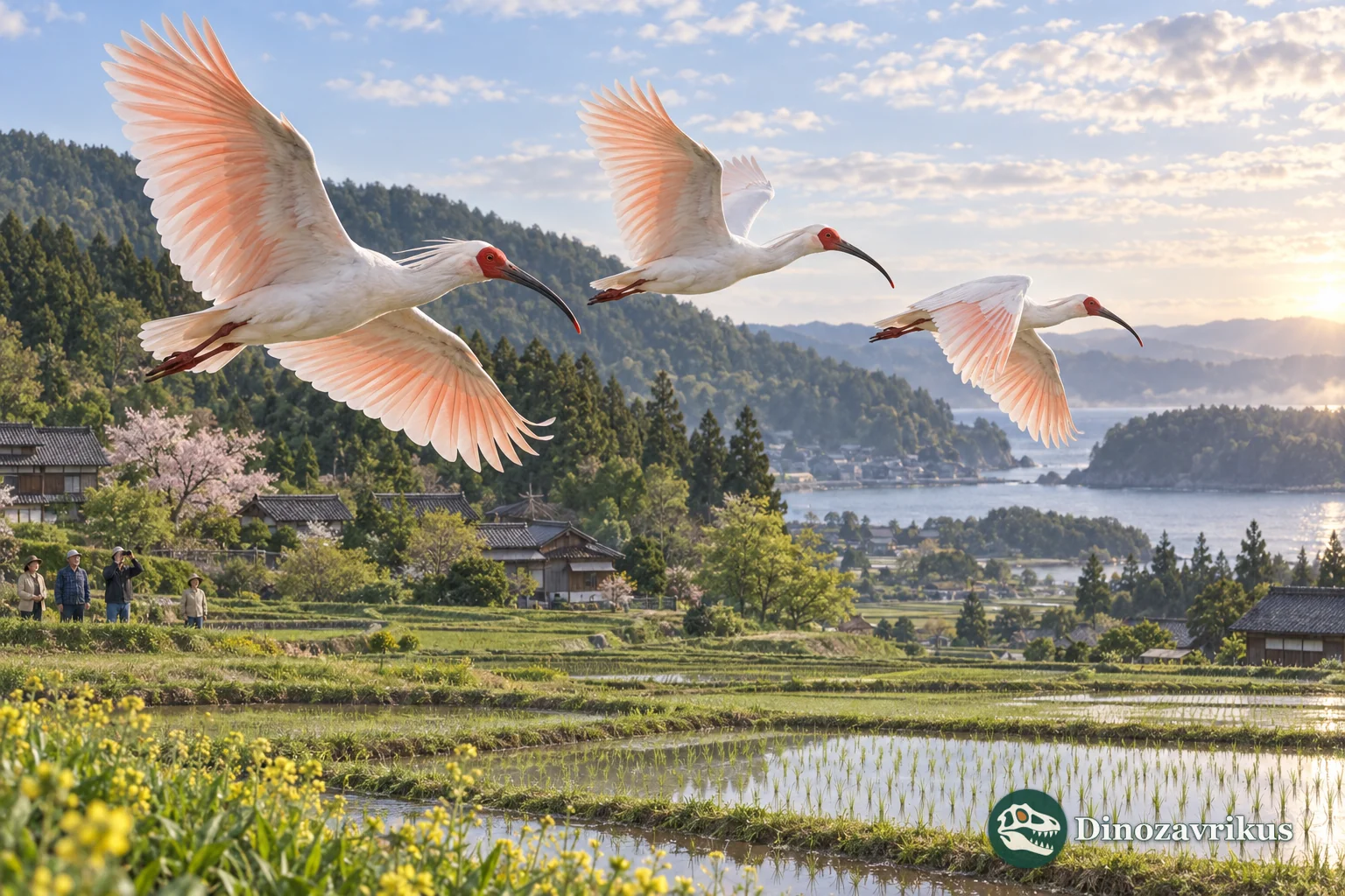 Crested ibises flying over rice fields in Japan’s Noto region
