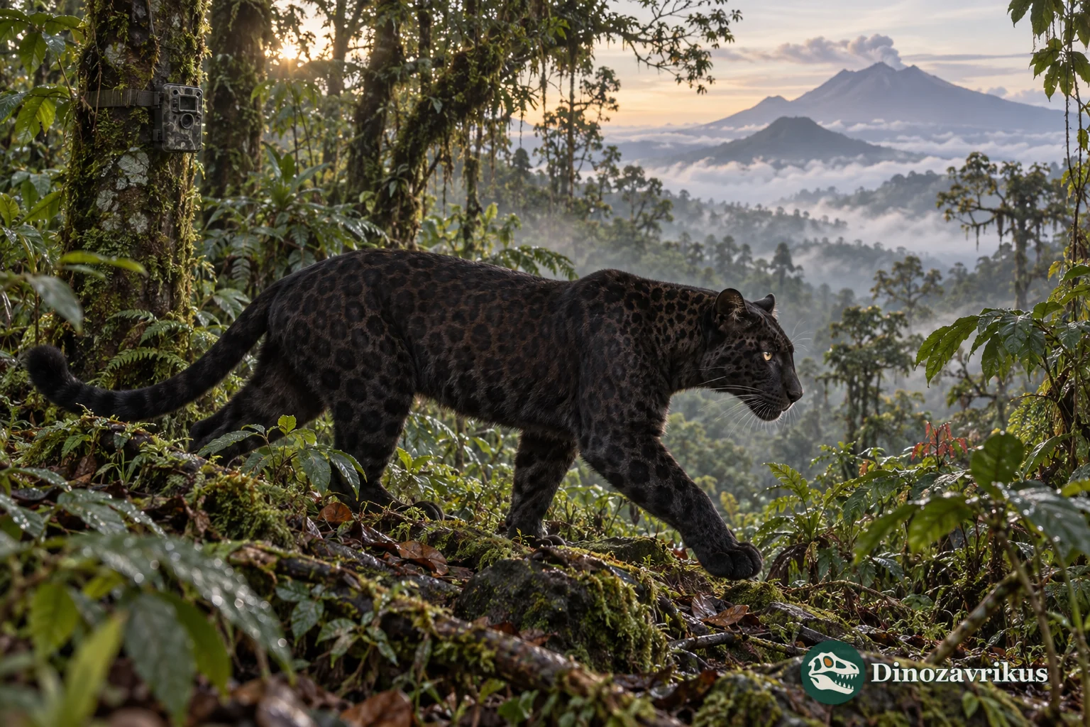 Melanistic Javan leopard moving through misty forest with a camera trap nearby