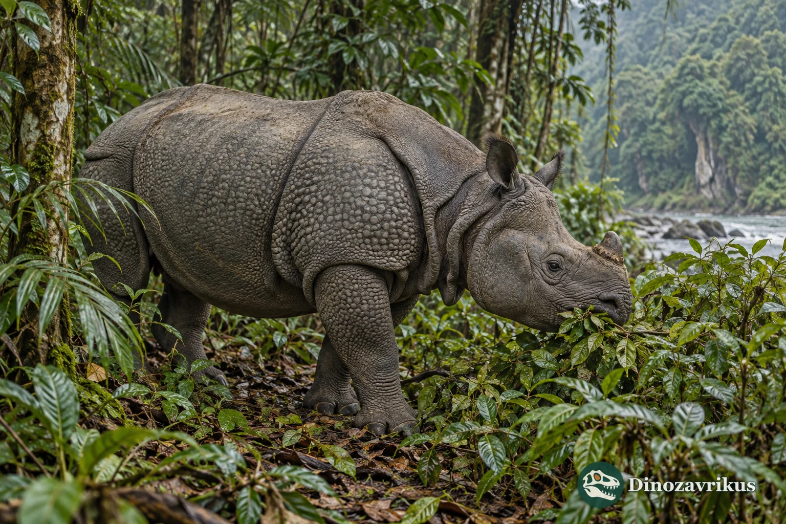 Illustrative Javan rhinoceros browsing in the rainforest of Ujung Kulon