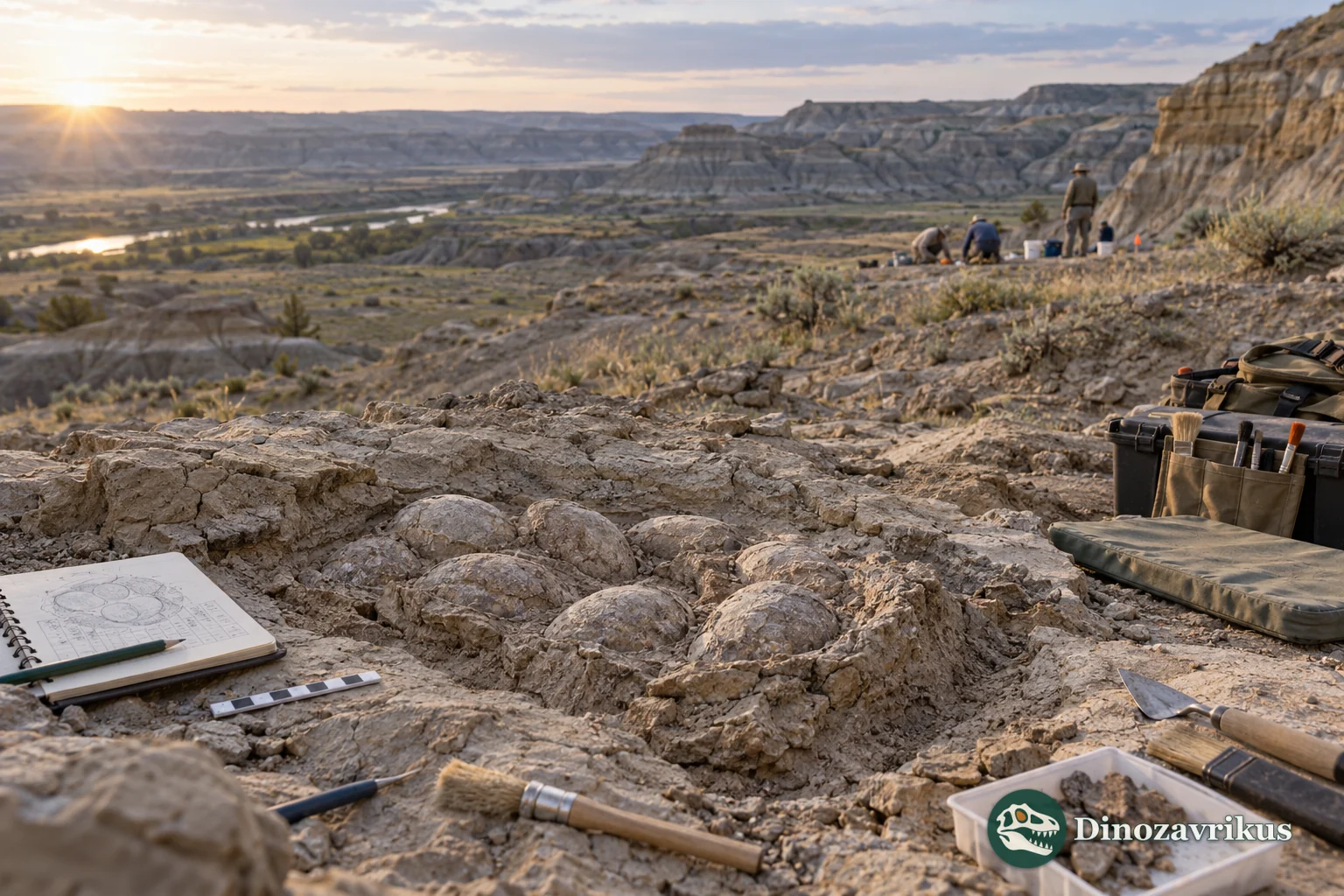 Palaeontologists surveying an exposed fossil-bearing landscape