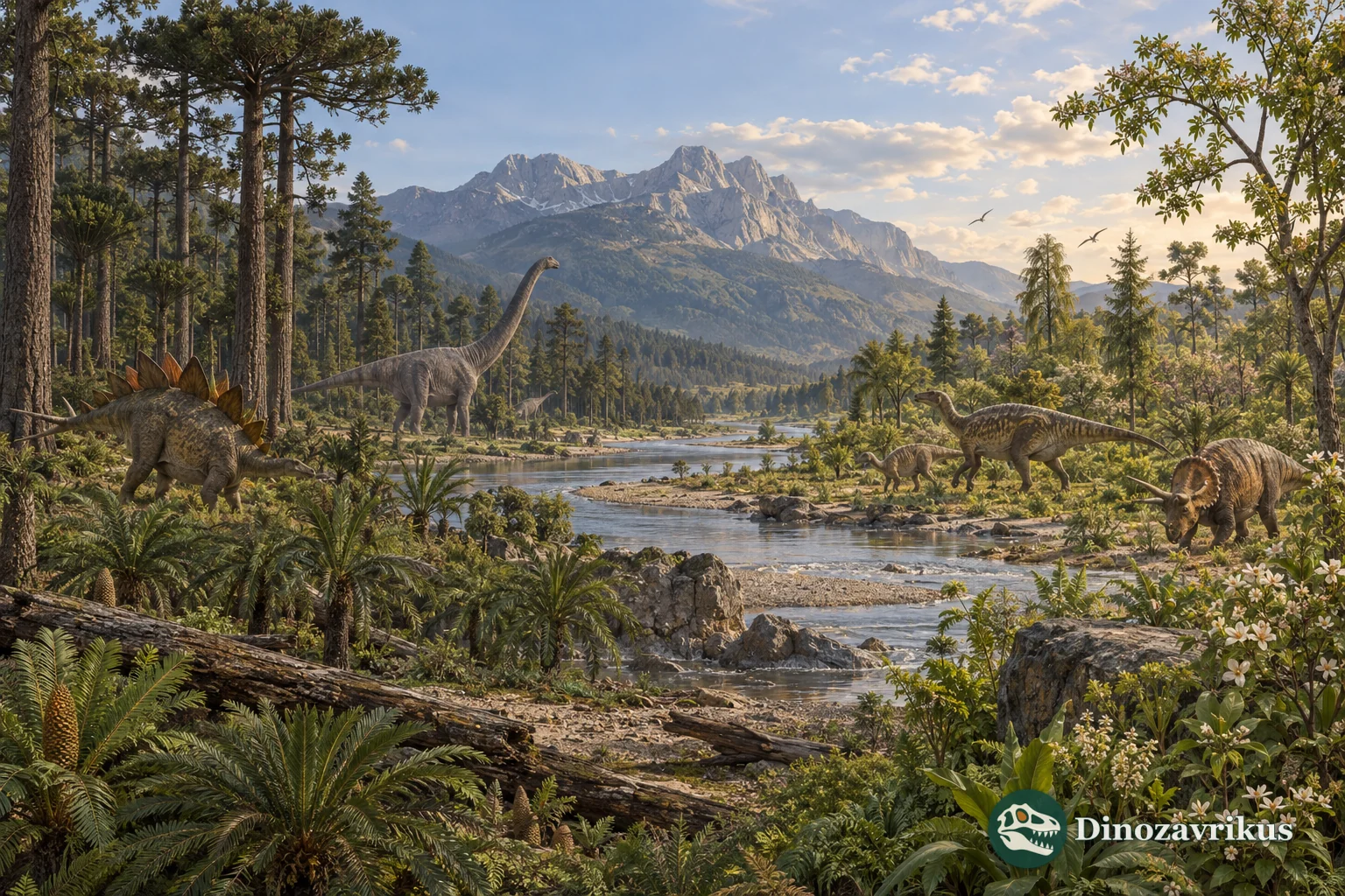 A continuous landscape showing Jurassic dinosaurs and vegetation transitioning into the Early Cretaceous