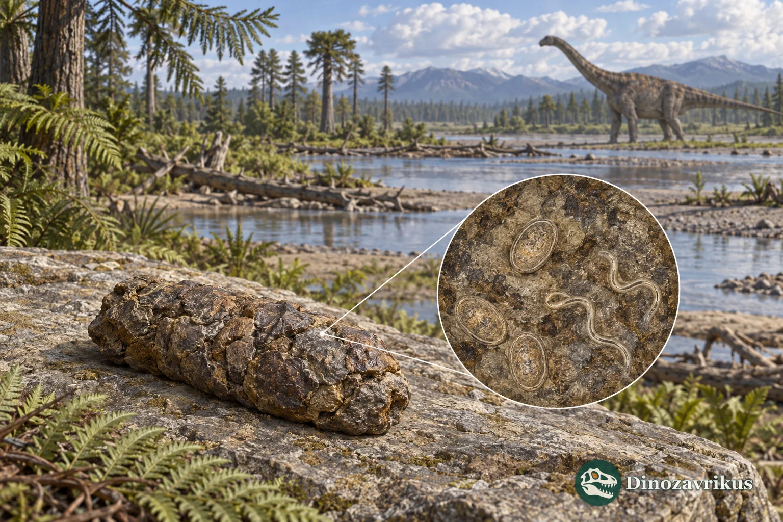 A Jurassic coprolite beside a magnified illustration of possible parasite eggs and traces