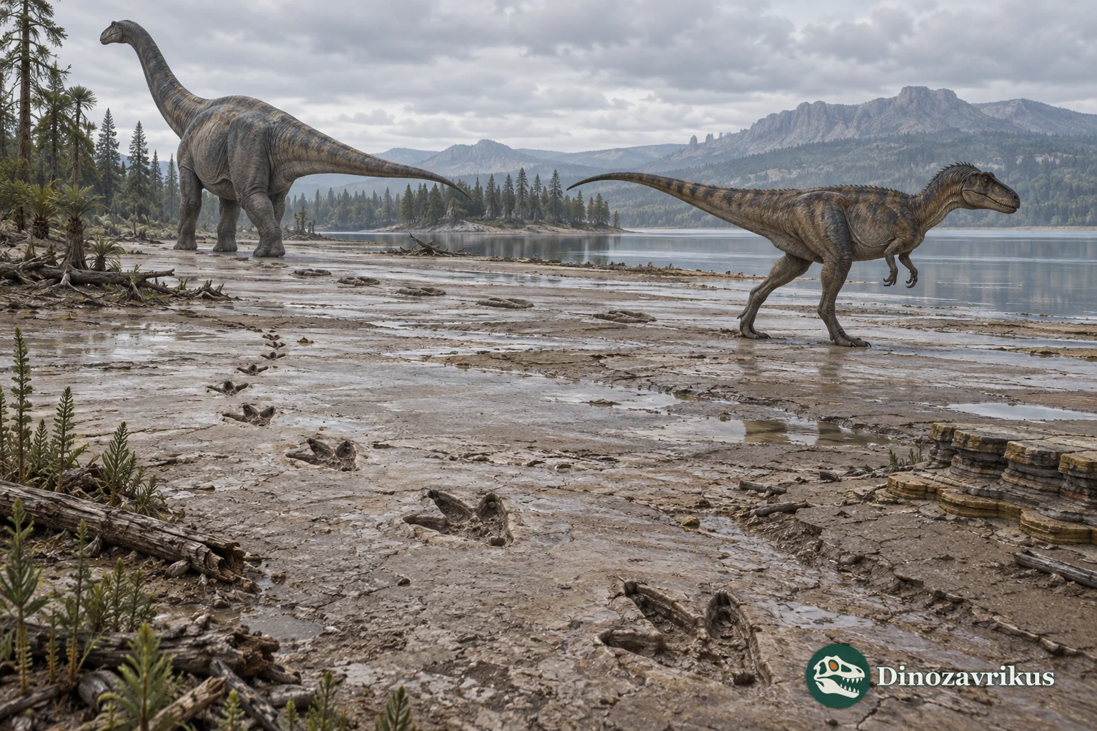 A Jurassic theropod and sauropod cross a muddy lakeshore marked by preserved trackways