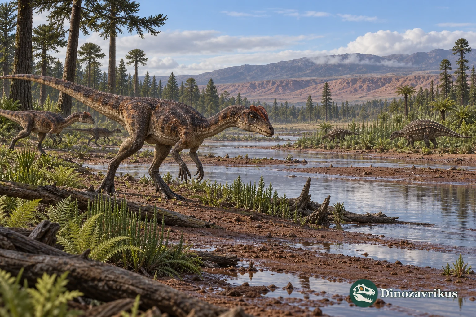 Early Jurassic river plain with theropods and small armoured herbivorous dinosaurs
